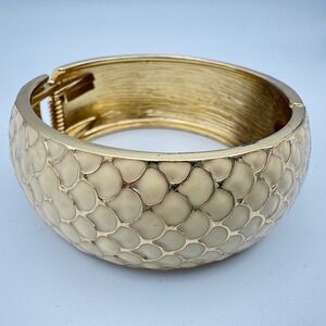 Vintage Gold Tone Cream Enamel Scale Pattern Hinged Wide Cuff Statement Bracelet